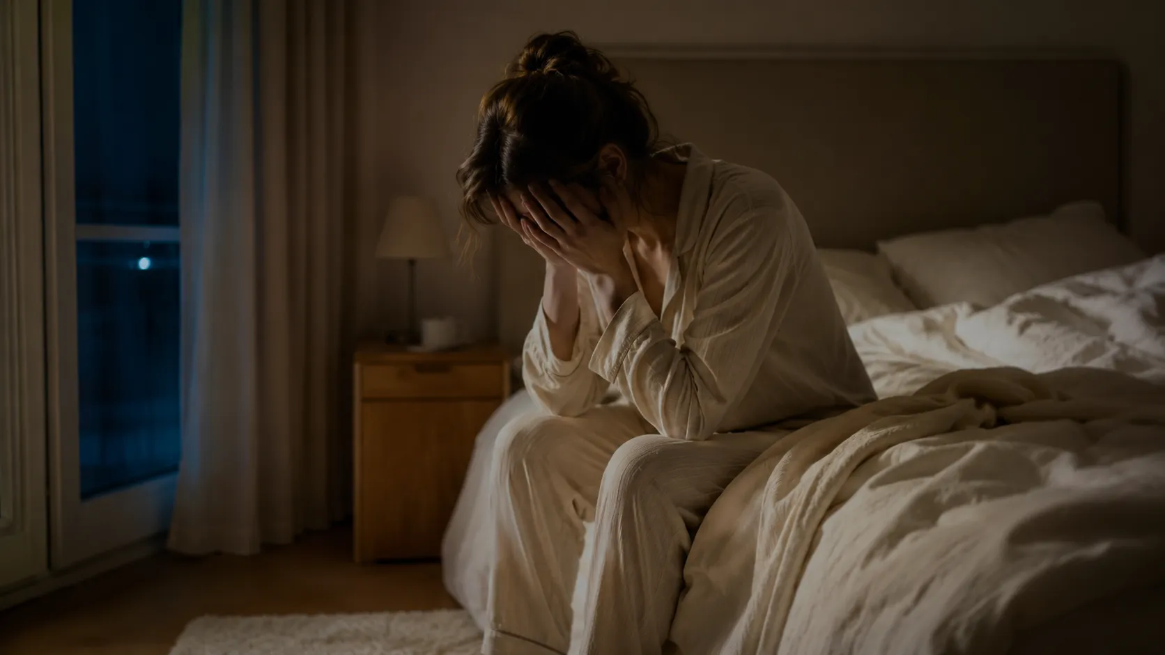 pessoa adulta acordada à noite em ambiente tranquilo e silencioso